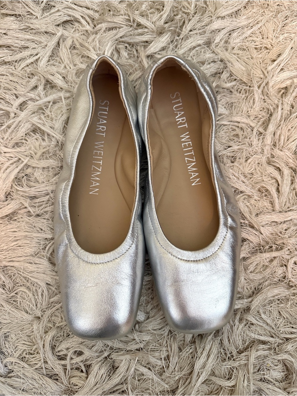 Stuart Weitzman Silver Metallic Leather Square Toe Ballet Flats Made in Spain 7 - Picture 2 of 7